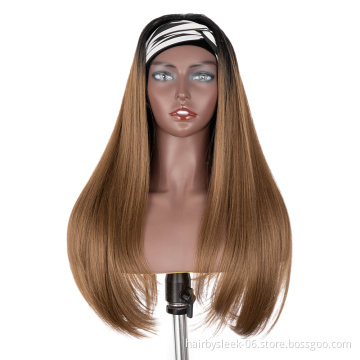 Hot 28 inches middle brown color Super Silk Straight wave Long heat resistant fiber Synthetic hair headband wig for balck woman